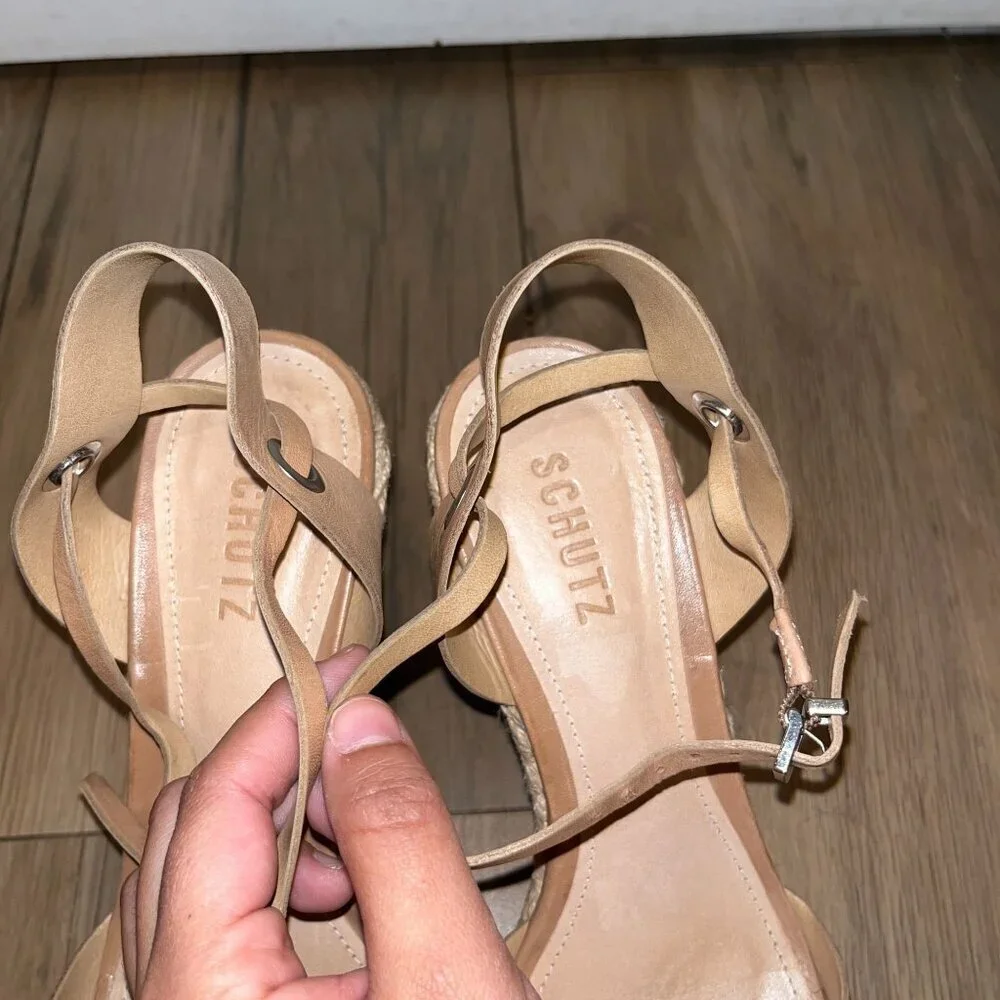 Schutz Tan Leather Espadrille Wedge Sandals With Ankle Strap size 9 Womens